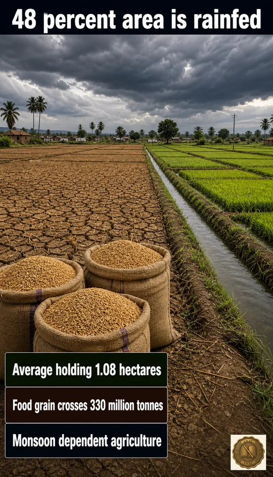 A patchwork of small rainfed plots under monsoon clouds beside a record harvest pile, capturing both fragility and scale.