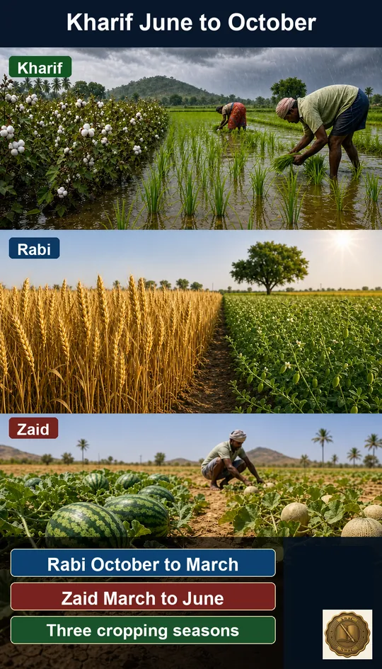 A three-band seasonal cycle - monsoon Kharif rice, winter Rabi wheat, summer Zaid melons - read top to bottom.