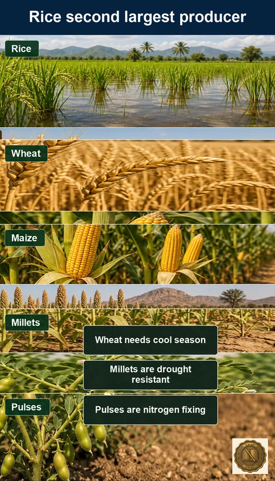 A five-cell crop comparison board where each crop scene carries its one distinguishing fact.