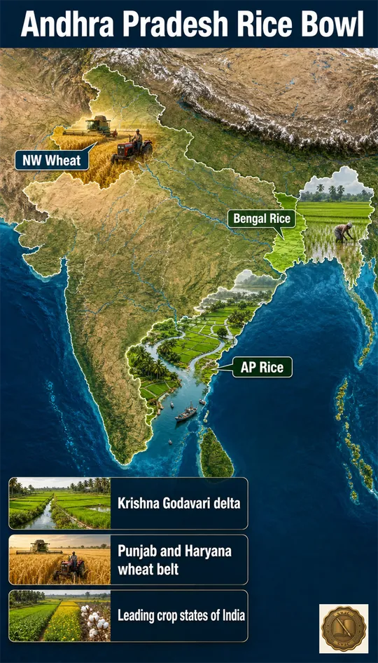An illustrated map of India where leading crop belts glow regionally, with the AP delta highlighted as the rice heartland.