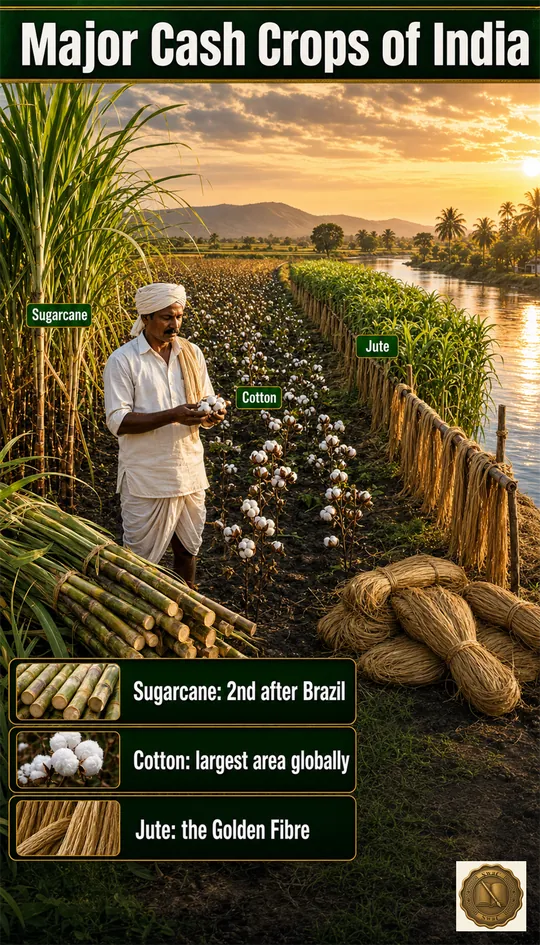 India as a cash-crop powerhouse — one sweeping farmland horizon where sugarcane, cotton and jute each carry a world-rank badge.