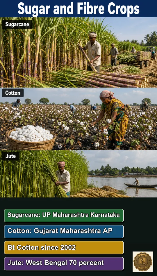 A three-cell field triptych — cane sugar, cotton boll, jute fibre — each tagged with its leading states.