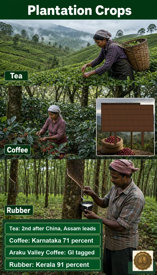 A hill-slope plantation strip — tea terraces, coffee under shade, rubber tappers — each tagged with its leading state.