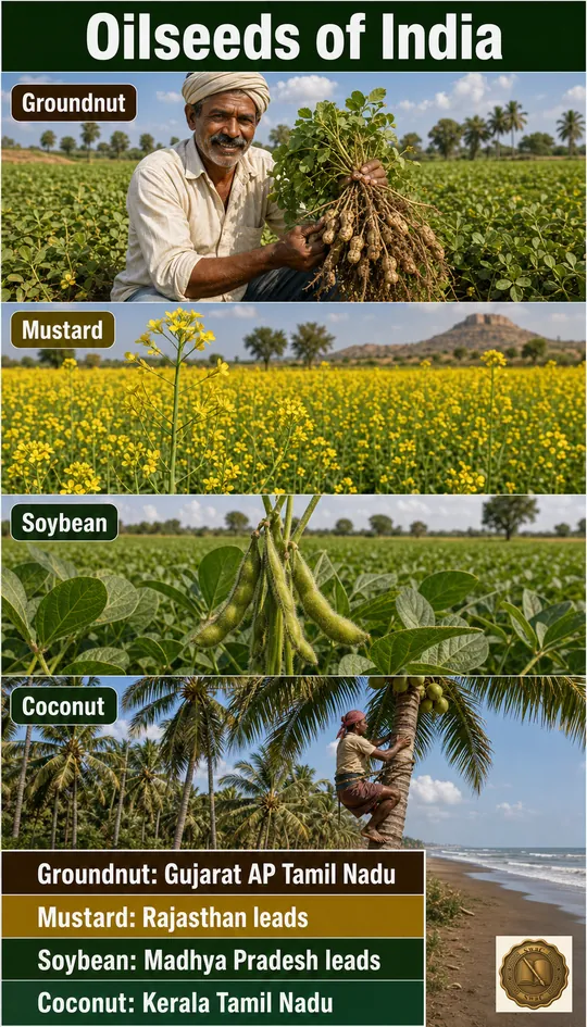 A four-cell oilseed board — groundnut, mustard, soybean, coconut — each tagged with its top states.