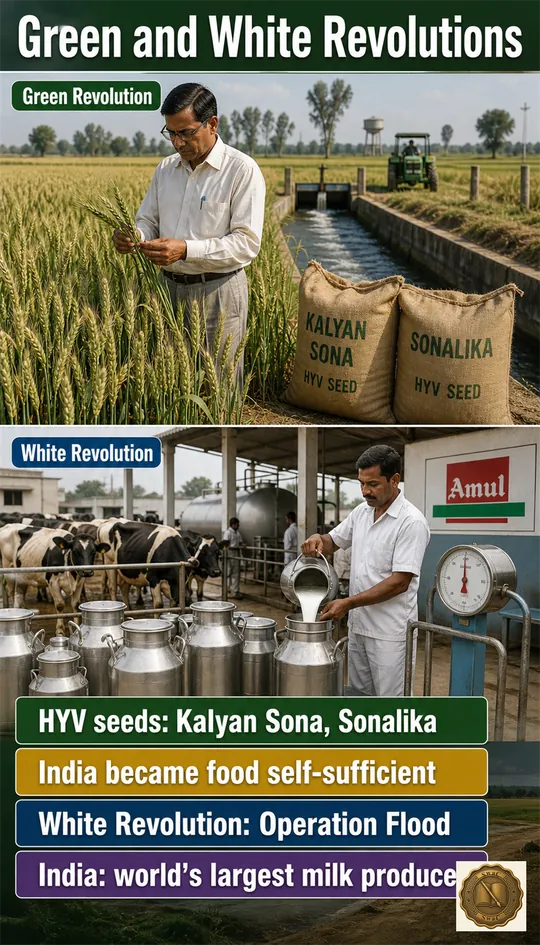 A two-column recap — left a wheat-belt Green Revolution field, right an Amul dairy cooperative — linked by the idea of self-reliance.