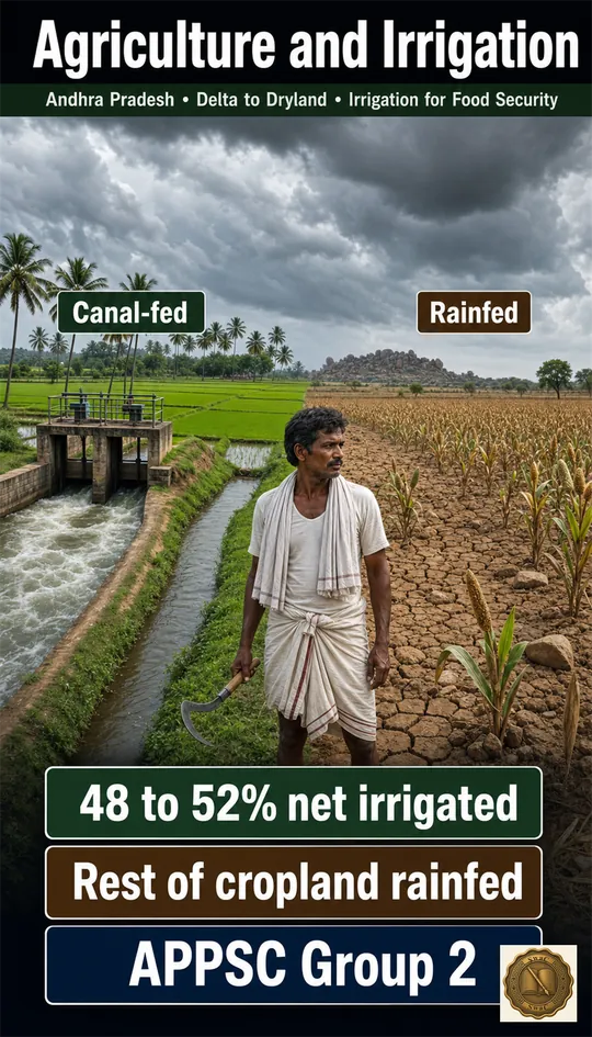 Roughly half of India's cropland drinks from irrigation works; the other half waits on the monsoon.