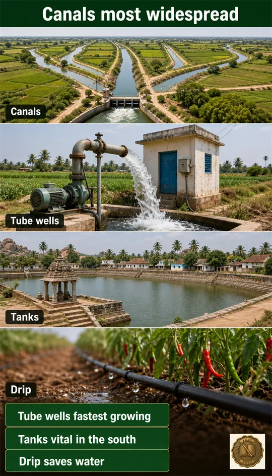 Four ways water reaches the field: the widest canal, the fastest-growing tube well, the southern tank, and the water-saving drip line.