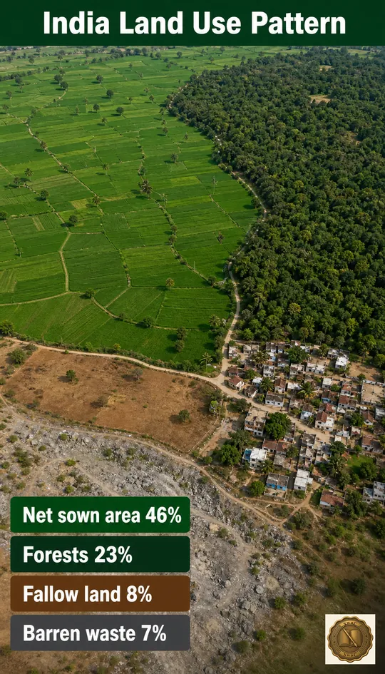 Carve India's land into shares: nearly half sown, about a quarter forest, the rest fallow, non-agricultural, and barren.