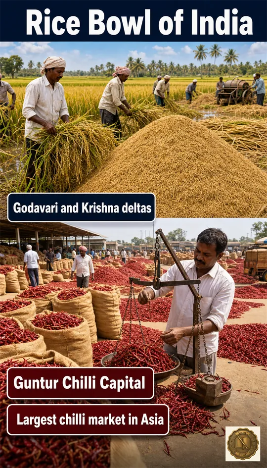 Andhra's deltas feed the nation with rice while Guntur's chilli yards colour the largest market in Asia red.