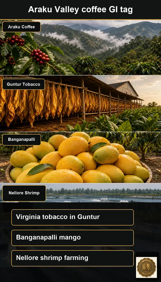 Beyond rice and chilli, Andhra exports a luxury basket: hill coffee, flue-cured tobacco, royal mango, and coastal shrimp.