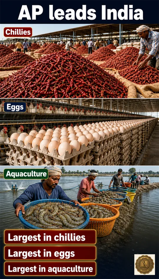 Andhra Pradesh wears three national crowns at once: chillies, eggs, and aquaculture.