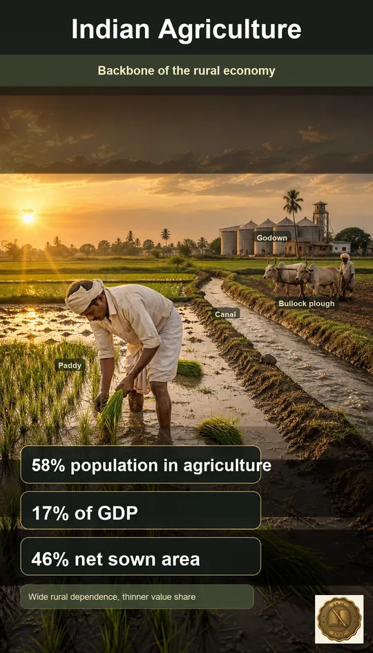 Agriculture sustains most Indians yet contributes a far smaller share of GDP - a wide employment base on a narrow value pyramid.