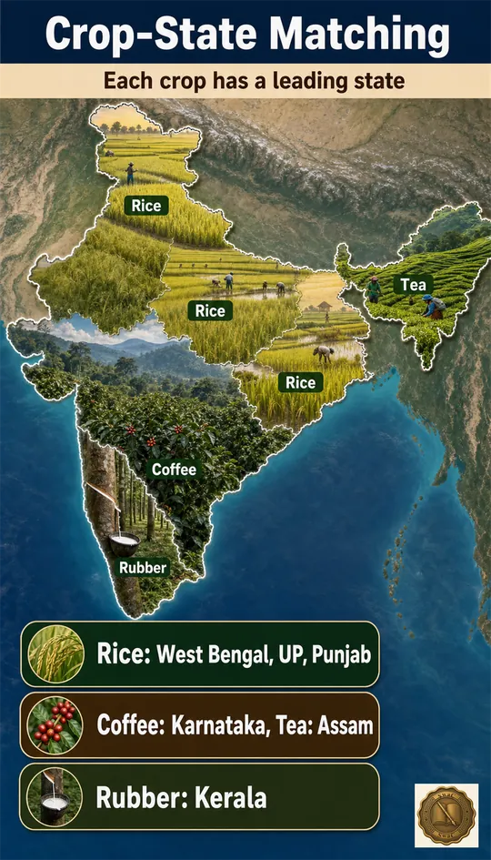 Each major crop has a signature home state - a memory map where the crop sits on its leading region.