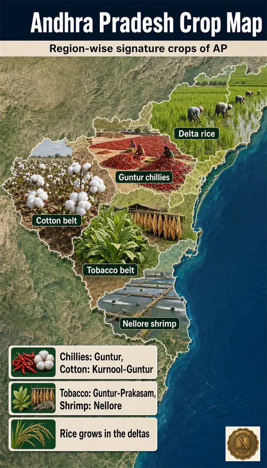 A tour of Andhra Pradesh where every district-cluster announces its signature crop: deltas grow rice, Guntur burns with chillies, Kurnool-Guntur whitens with cotton, Guntur-Prakasam cures tobacco, Nellore farms shrimp.