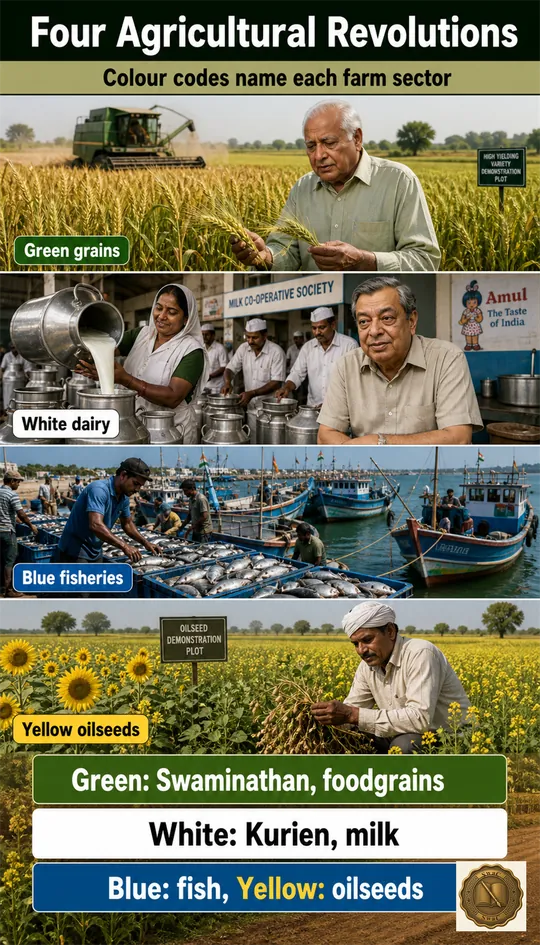 Four colour codes, four sectors: Green is grains (Swaminathan), White is milk (Kurien), Blue is fish, Yellow is oilseeds.
