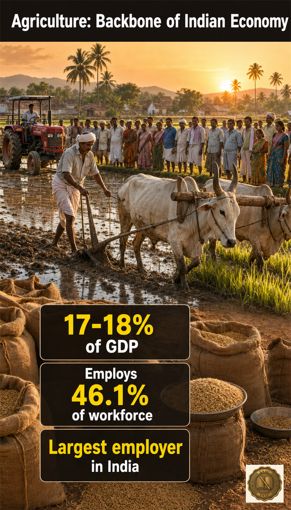 A single dawn-lit field where the human scale (a vast rural workforce) dwarfs the economic scale (a small slice of GDP).