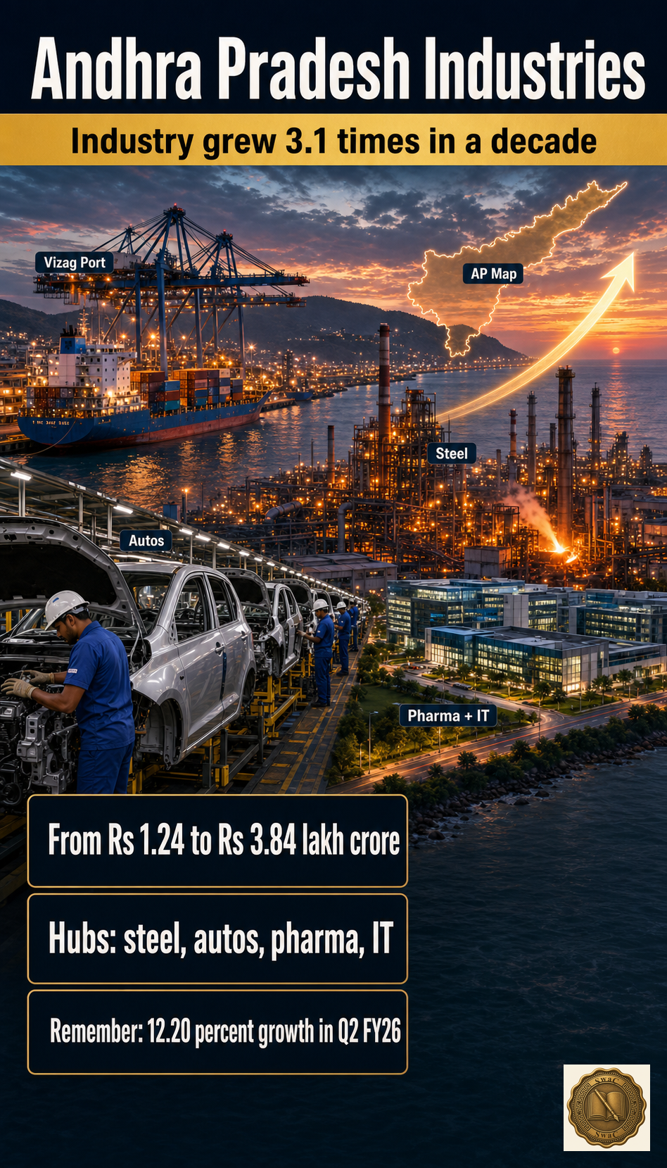 Andhra Pradesh as a fast-rising coastal industrial powerhouse — ports, steel mills and factories rising together in a single decade.