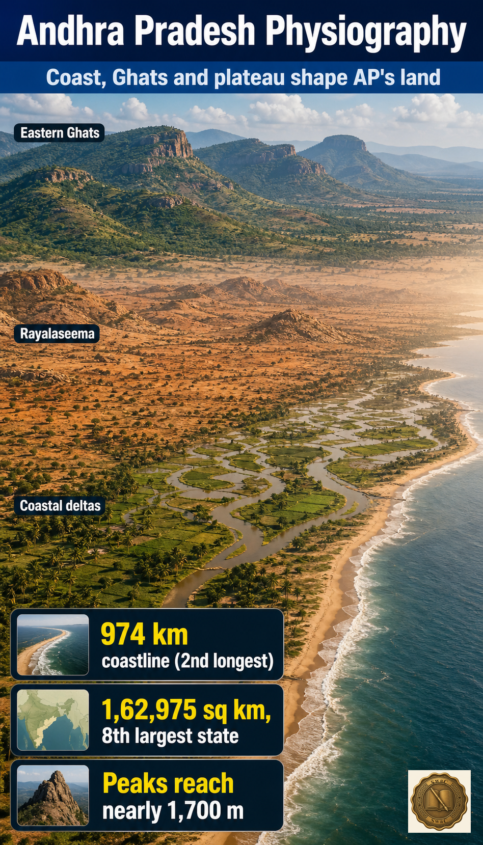 AP read top-to-bottom as three stacked terrains: Eastern Ghats hills, Rayalaseema plateau, and the deltaic Bay of Bengal coast.