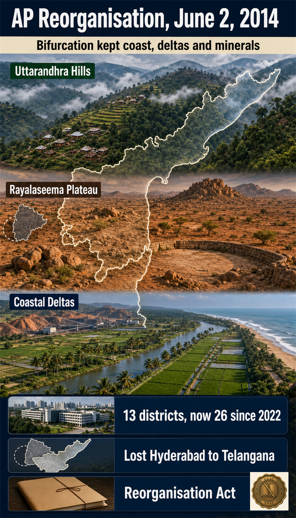 Post-2014 AP = coast plus deltas plus mineral interior, minus Hyderabad, with tribal Uttarandhra hills, drought-prone Rayalaseema, and fertile coastal deltas as three distinct characters.