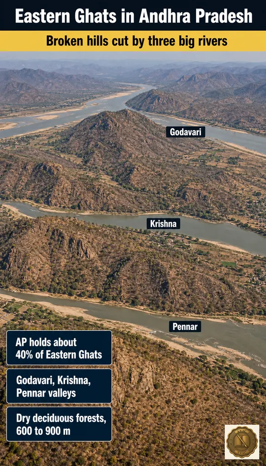 A broken green hill chain sliced by the Godavari, Krishna and Pennar, holding about 40% of the Eastern Ghats.
