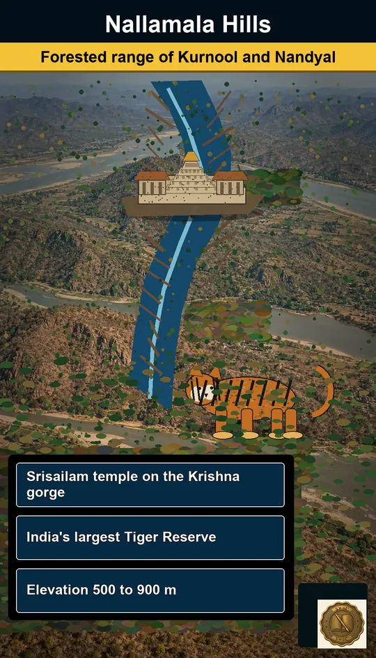 A forested Nallamala range with the Srisailam temple above the Krishna gorge and India's largest tiger reserve below.