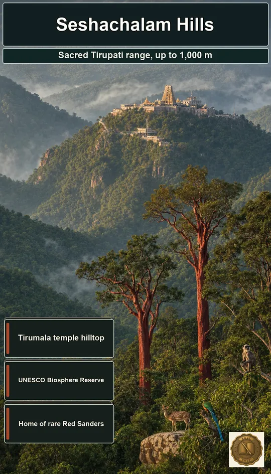 Forested Seshachalam ridges with the Tirumala hilltop temple and distinctive Red Sanders trees.