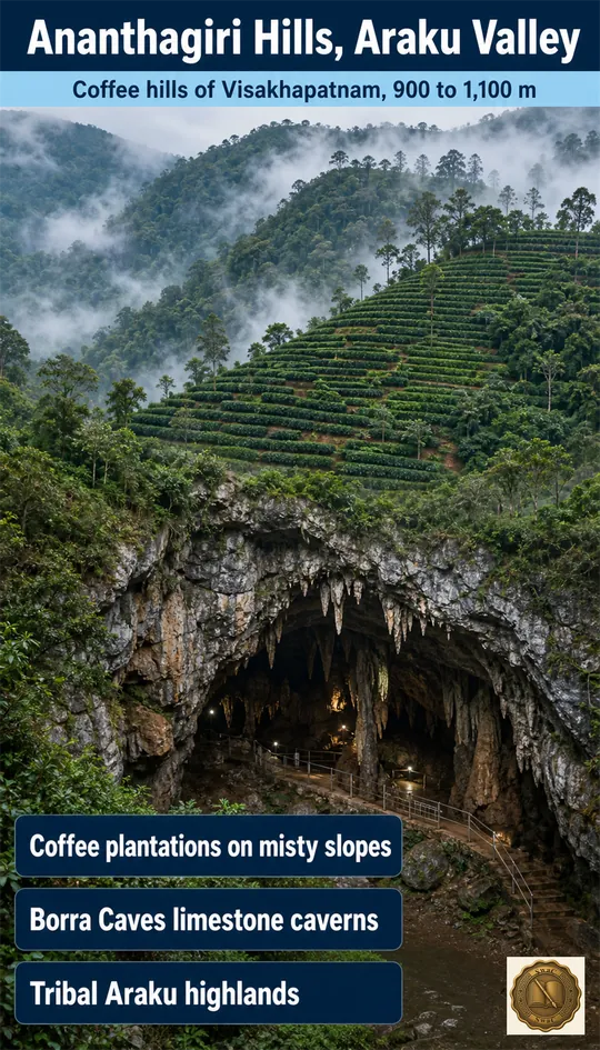 Misty Araku highlands of Ananthagiri with terraced coffee plantations and the Borra limestone caves.