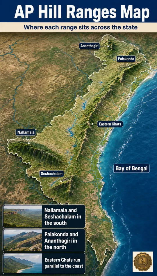 An illustrated AP map with the Eastern Ghats running parallel to the coast and named ranges pinned in their regions.