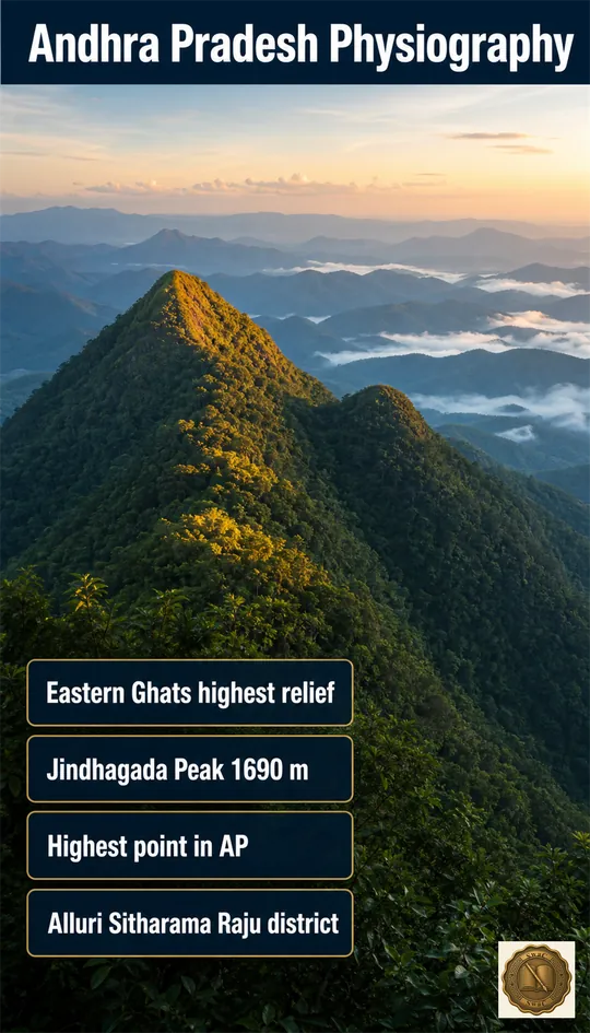 AP's highest ground is a forested Eastern-Ghats crest in Alluri Sitharama Raju district, crowned by Jindhagada at about 1690 m.
