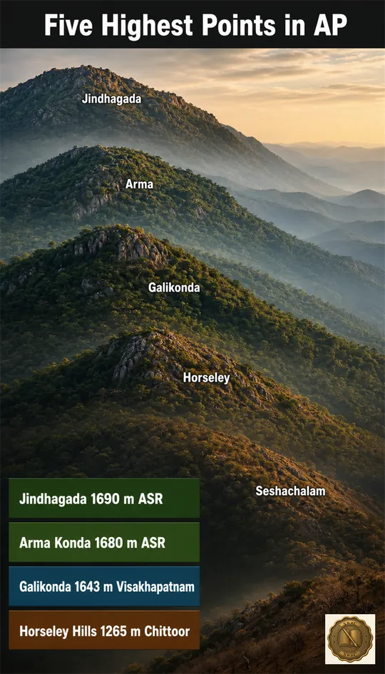 A descending staircase of five named peaks from Jindhagada (1690 m) down to Seshachalam (1000 m), with the top two both in ASR district.