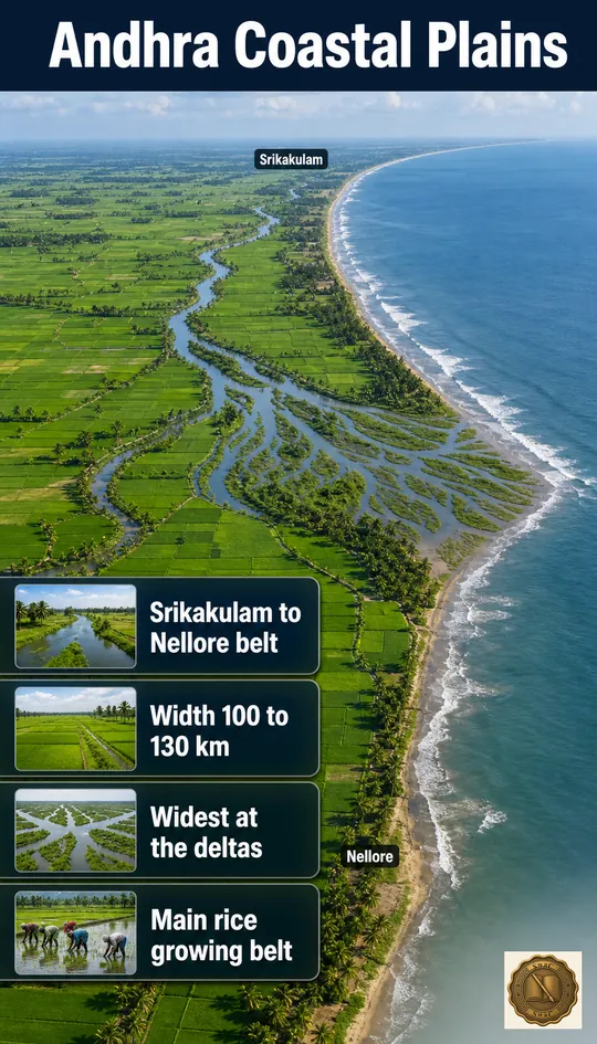 A broad alluvial green ribbon 100 to 130 km wide running down the AP coast, bulging widest where rivers meet the sea.