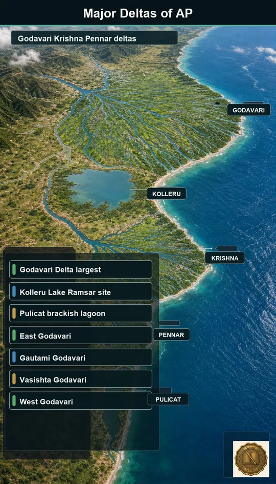 Three fan-shaped river deltas down the AP coast — Godavari largest in the north, Krishna in the middle, Pennar smallest in the south — each with a famous wetland.
