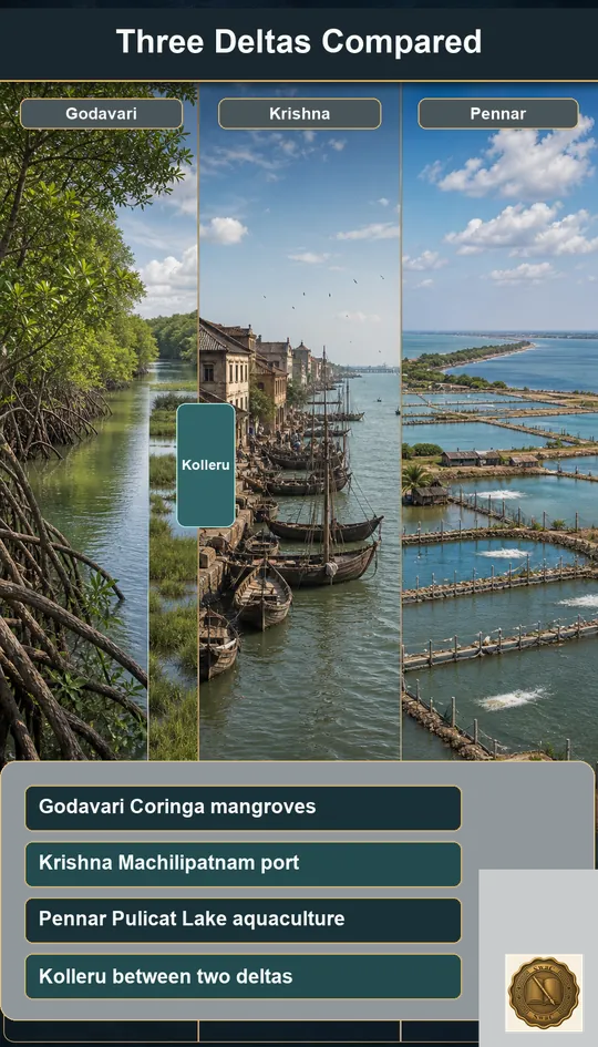 Three labelled columns — Godavari (Coringa mangroves), Krishna (Machilipatnam port), Pennar (Pulicat lagoon, aquaculture) — with Kolleru sitting between the two northern deltas.