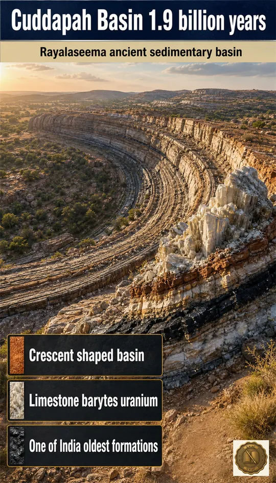 A vast crescent-shaped scoop of ancient layered rock, billions of years old, packed with limestone, barytes and uranium ore.