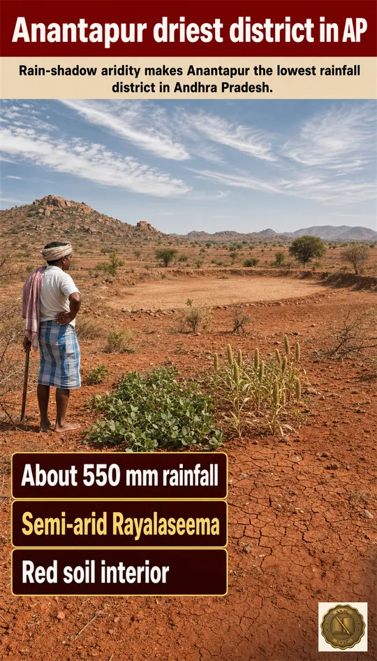 Anantapur as the rain-shadow heart of AP — cracked red earth, sparse scrub, hardy millet fields under a dry sky.