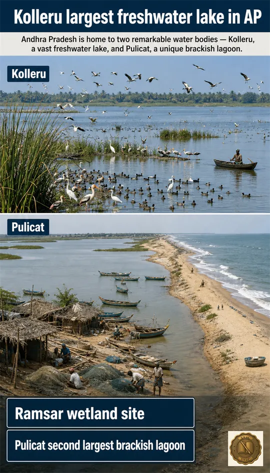 Two coastal water mirrors — a freshwater bird-rich Kolleru inland and a sea-fed brackish Pulicat behind a sandbar.