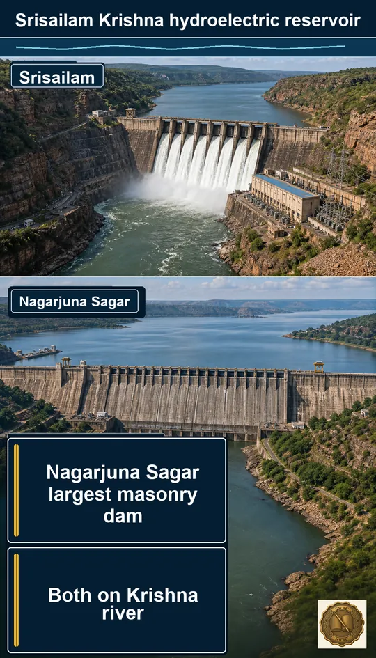 Two giant dammed reservoirs on the same Krishna river — Srisailam in a deep gorge generating power, Nagarjuna Sagar a colossal masonry wall holding a vast lake.
