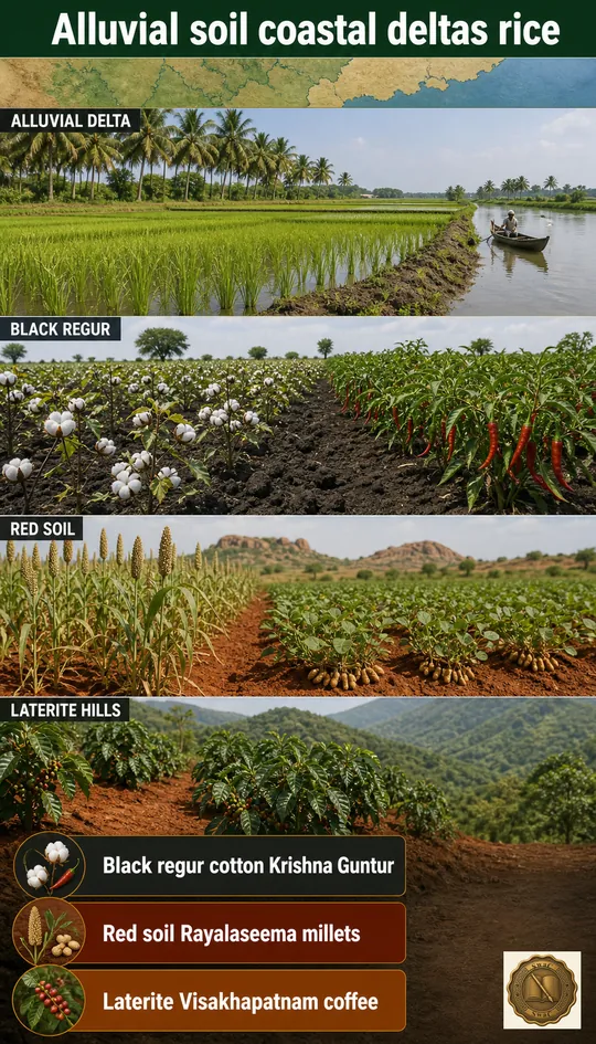 A vertical soil-and-crop ladder of AP: alluvial deltas, black cotton belt, red Rayalaseema, laterite Vizag hills, sandy coast.
