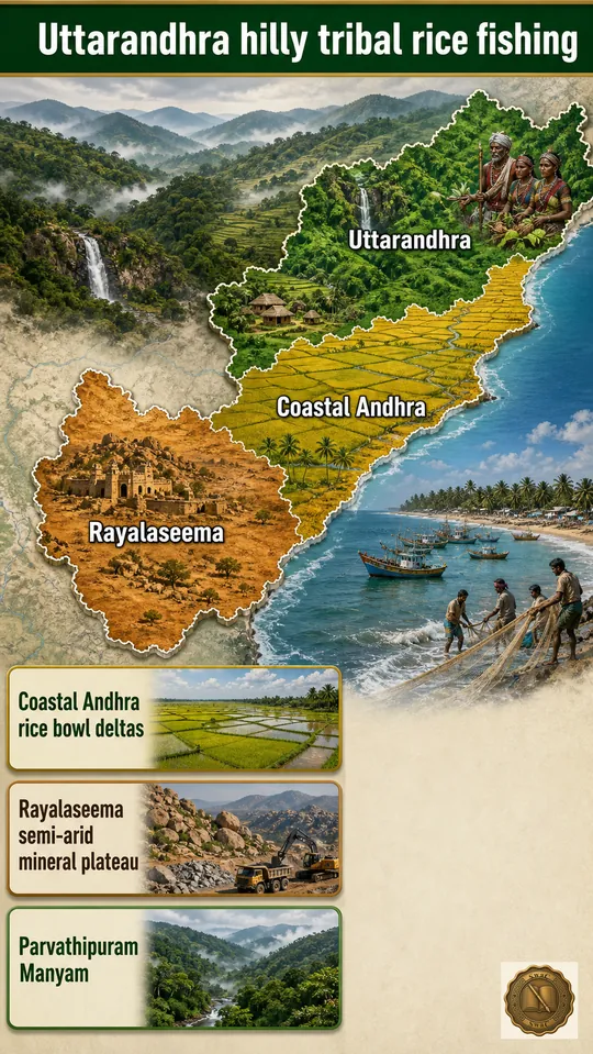 AP split into three colour-coded belts on a map — green hilly NE, golden coastal delta strip, and dry interior plateau.