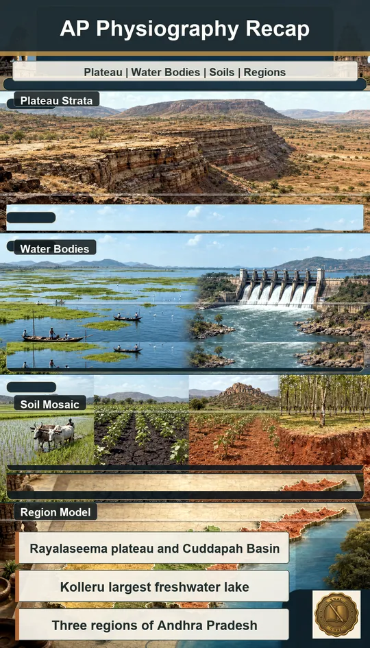 A four-panel revision board that ties together the plateau, water bodies, soils, and regions of AP physiography.