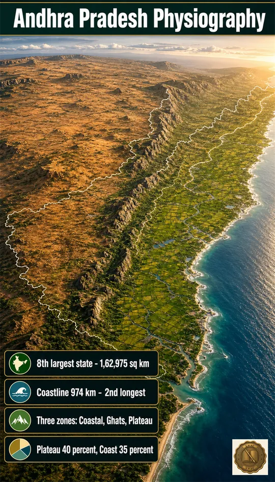 Andhra Pradesh as a coast-to-plateau ribbon: a long Bay of Bengal shore, a broken Eastern Ghats spine, and a wide inland Deccan upland, divided in fixed area shares.
