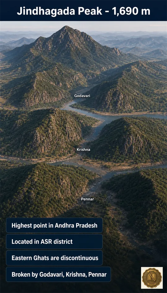 The Eastern Ghats as a broken wall: tall at Jindhagada in the north, then cut through three times by the Godavari, Krishna, and Pennar rivers.