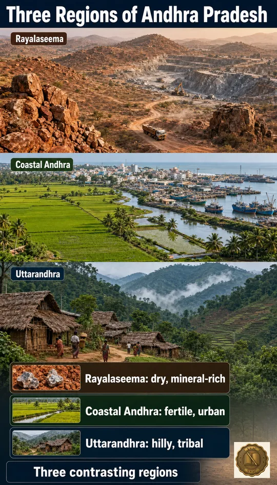 Three faces of one state: dry mineral Rayalaseema, fertile urban Coastal Andhra, and hilly tribal Uttarandhra, side by side.