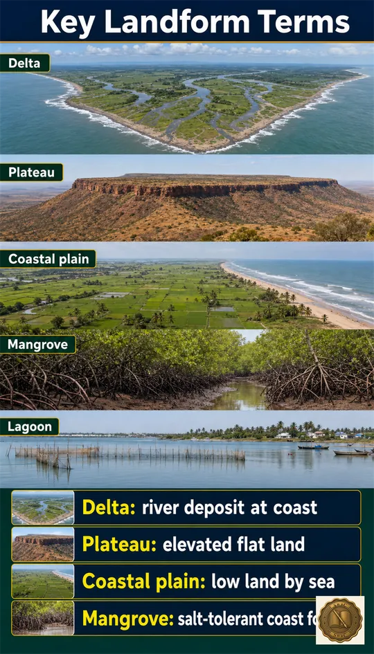 A visual dictionary panel: each physiographic term paired with the real landform it names, all in one frame.