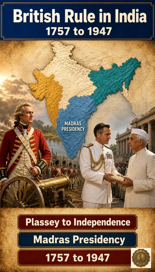 British India as a 190-year engineered system — military conquest at one end (Plassey vignette), constitutional handover at the other (Mountbatten vignette), with the Madras Presidency outline binding the two together on the Indian subcontinent.