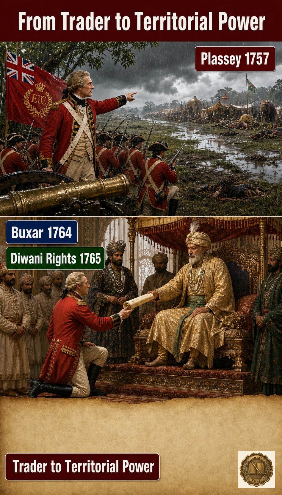 Trader to territorial power as a two-battle transition: red EIC banners over a Bengal field at Plassey above, Mughal-emperor Shah Alam II handing the Diwani firman to the kneeling Company official at Buxar's aftermath below.