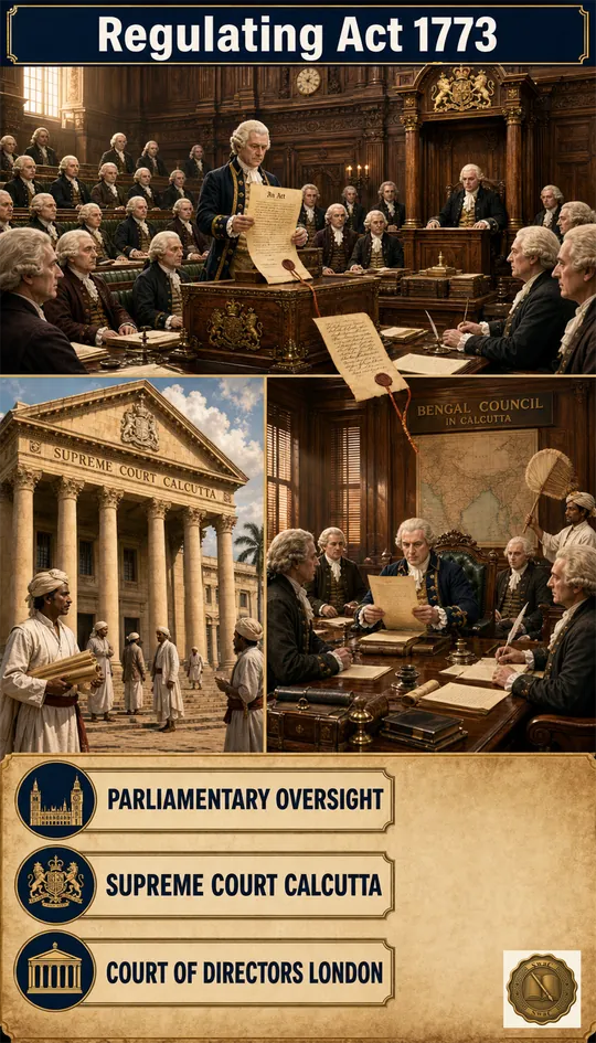 A four-pillar legal architecture: London's Court of Directors at the top, the British Parliament chamber framing the act in the middle, the Calcutta Supreme Court colonnade as the new judicial pillar, and a Bengal Council chamber where the Governor-General of Bengal now sits under parliamentary oversight.