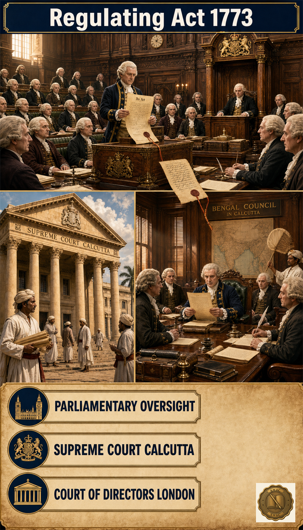 A four-pillar legal architecture: London's Court of Directors at the top, the British Parliament chamber framing the act in the middle, the Calcutta Supreme Court colonnade as the new judicial pillar, and a Bengal Council chamber where the Governor-General of Bengal now sits under parliamentary oversight.