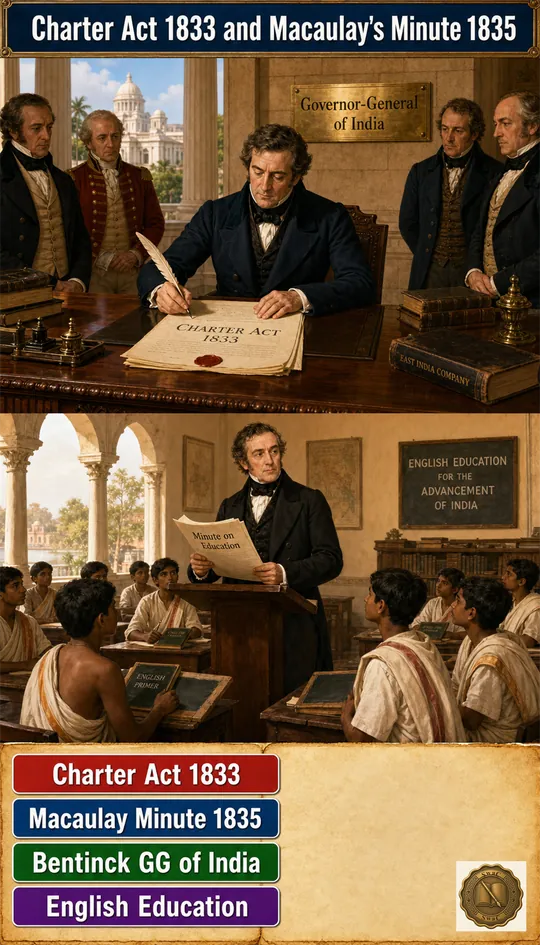 A two-beat scene — Bentinck signing the 1833 Act at a Calcutta reformist desk with a new nameplate reading 'Governor-General of India' above; below, an 1835 Macaulay-era schoolroom with Indian students reading English primers at wooden desks while Macaulay stands at the lectern reading from his Minute.