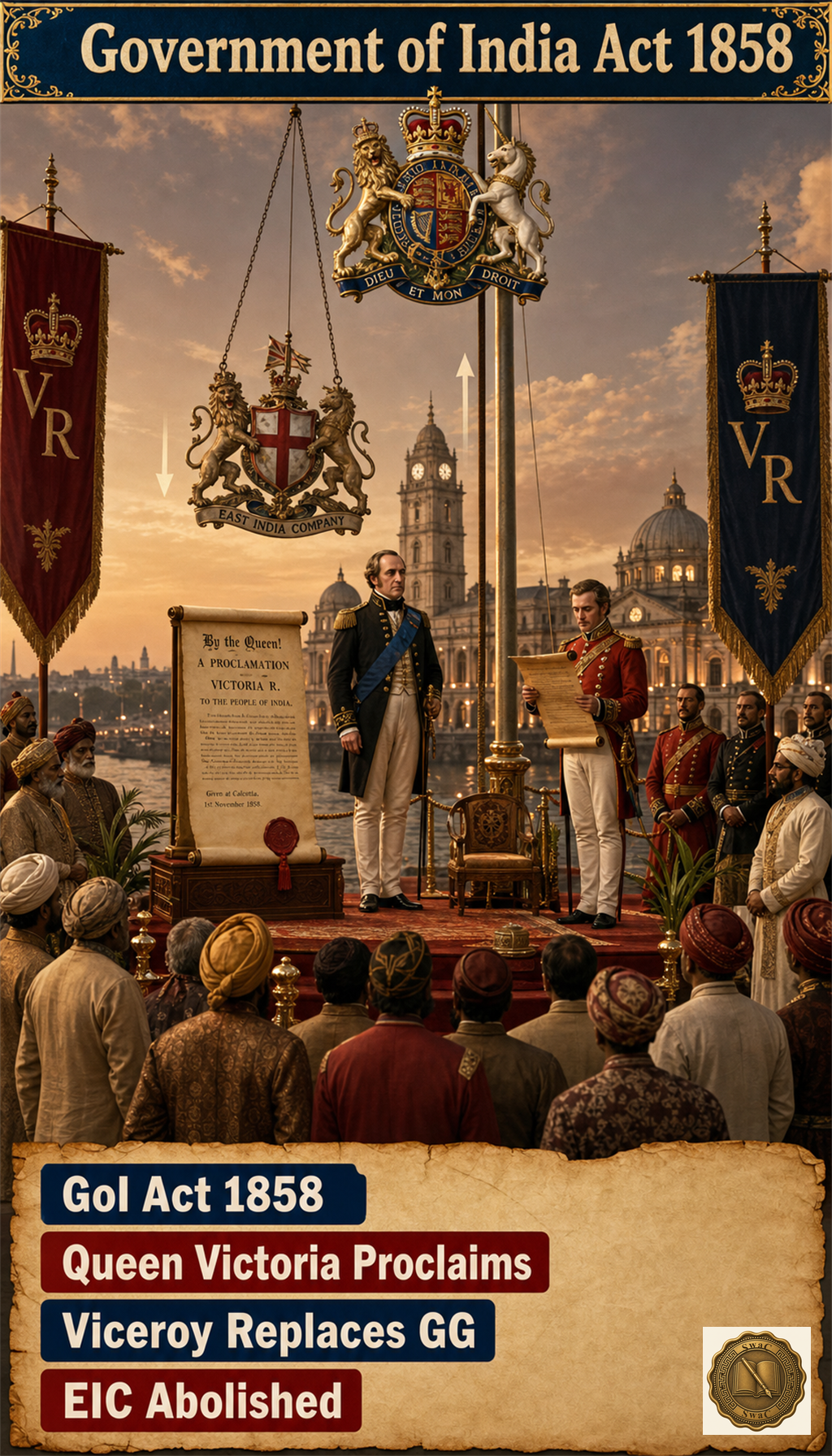 A single ceremonial scene — Queen Victoria's 1858 proclamation being read out at a Calcutta dais beneath Crown banners, with the East India Company coat-of-arms being lowered and the Crown coat-of-arms being raised above the platform, Viceroy Lord Canning standing beside the proclamation parchment.